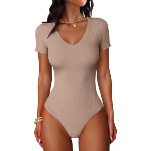 imageANRABESS Bodysuits for Women V Neck Short Sleeve Body Suit Tops Slim Fit Ribbed Knit Soft Basic TShirts 2026 Summer OutfitsLight Khaki