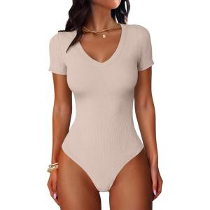 imageANRABESS Bodysuits for Women V Neck Short Sleeve Body Suit Tops Slim Fit Ribbed Knit Soft Basic TShirts 2026 Summer OutfitsLight Pink