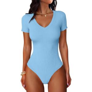imageANRABESS Bodysuits for Women V Neck Short Sleeve Body Suit Tops Slim Fit Ribbed Knit Soft Basic TShirts 2026 Summer OutfitsSky Blue