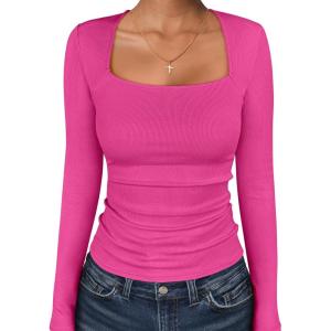 imageANRABESS Long Sleeve Shirts for Women Square Neck Tops Ribbed Knit Slim Fit Basic Tee Going Out Fall Fashion ClothingHot Pink