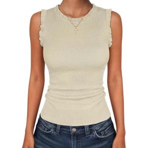 imageANRABESS Ribbed Tank Tops for Women Crew Neck Ruffle Sweater Vest Cute Sleeveless Shirts 2026 Summer Business Casual OutfitsBeige