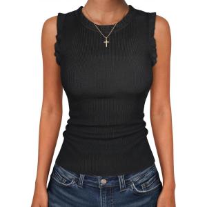 imageANRABESS Ribbed Tank Tops for Women Crew Neck Ruffle Sweater Vest Cute Sleeveless Shirts 2026 Summer Business Casual OutfitsBlack
