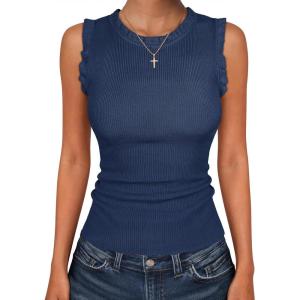 imageANRABESS Ribbed Tank Tops for Women Crew Neck Ruffle Sweater Vest Cute Sleeveless Shirts 2026 Summer Business Casual OutfitsBlue