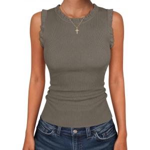 imageANRABESS Ribbed Tank Tops for Women Crew Neck Ruffle Sweater Vest Cute Sleeveless Shirts 2026 Summer Business Casual OutfitsCamel