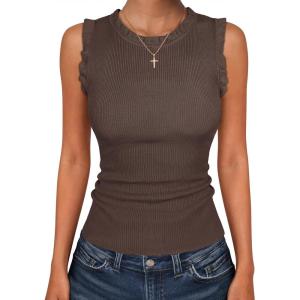 imageANRABESS Ribbed Tank Tops for Women Crew Neck Ruffle Sweater Vest Cute Sleeveless Shirts 2026 Summer Business Casual OutfitsChocolate