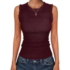 imageANRABESS Ribbed Tank Tops for Women Crew Neck Ruffle Sweater Vest Cute Sleeveless Shirts 2026 Summer Business Casual OutfitsDeep Red