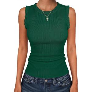 imageANRABESS Ribbed Tank Tops for Women Crew Neck Ruffle Sweater Vest Cute Sleeveless Shirts 2026 Summer Business Casual OutfitsGreen