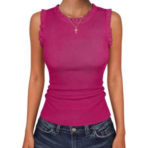 imageANRABESS Ribbed Tank Tops for Women Crew Neck Ruffle Sweater Vest Cute Sleeveless Shirts 2026 Summer Business Casual OutfitsHot Pink