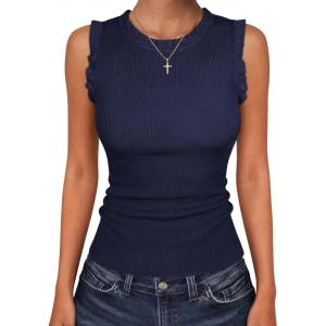 imageANRABESS Ribbed Tank Tops for Women Crew Neck Ruffle Sweater Vest Cute Sleeveless Shirts 2026 Summer Business Casual OutfitsNavy Blue