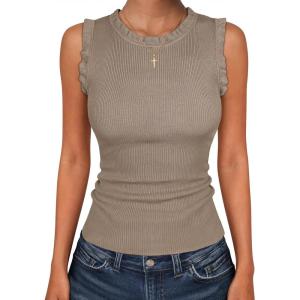 imageANRABESS Ribbed Tank Tops for Women Crew Neck Ruffle Sweater Vest Cute Sleeveless Shirts 2026 Summer Business Casual OutfitsTan