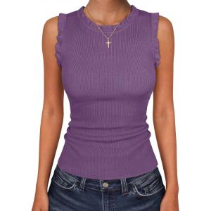 imageANRABESS Ribbed Tank Tops for Women Crew Neck Ruffle Sweater Vest Cute Sleeveless Shirts 2026 Summer Business Casual OutfitsViolet