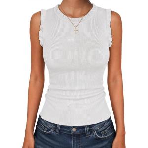imageANRABESS Ribbed Tank Tops for Women Crew Neck Ruffle Sweater Vest Cute Sleeveless Shirts 2026 Summer Business Casual OutfitsWhite
