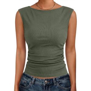 imageANRABESS Tank Tops for Women 2026 Summer Going Out Crop Top Sleeveless Boat Neck Rib Tight Ruched Tee Shirts Vacation ClothesArmy Green