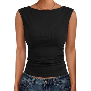 imageANRABESS Tank Tops for Women 2026 Summer Going Out Crop Top Sleeveless Boat Neck Rib Tight Ruched Tee Shirts Vacation ClothesBlack