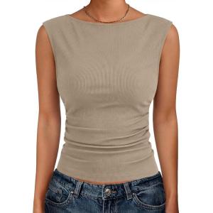imageANRABESS Tank Tops for Women 2026 Summer Going Out Crop Top Sleeveless Boat Neck Rib Tight Ruched Tee Shirts Vacation ClothesDeep Khaki