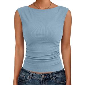 imageANRABESS Tank Tops for Women 2026 Summer Going Out Crop Top Sleeveless Boat Neck Rib Tight Ruched Tee Shirts Vacation ClothesLight Blue