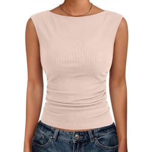 imageANRABESS Tank Tops for Women 2026 Summer Going Out Crop Top Sleeveless Boat Neck Rib Tight Ruched Tee Shirts Vacation ClothesLight Pink