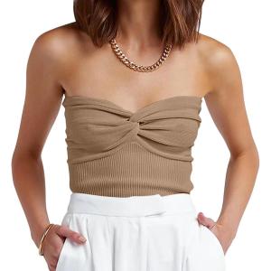 imageANRABESS Tube Top for Women Summer Strapless Bandeau Knit Twist Knot Corset Crop Basic Tank Tops 2026 Vacation Beach ClothesKhaki