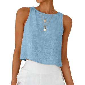 imageANRABESS Women Crop Tank Tops High Neck Sleeveless Linen Shirts 2026 Summer Outfits Casual Blouse Beach Vacation ClothesBright Blue