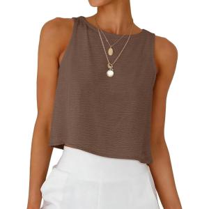 imageANRABESS Women Crop Tank Tops High Neck Sleeveless Linen Shirts 2026 Summer Outfits Casual Blouse Beach Vacation ClothesBrown