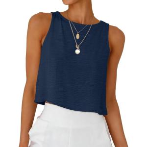 imageANRABESS Women Crop Tank Tops High Neck Sleeveless Linen Shirts 2026 Summer Outfits Casual Blouse Beach Vacation ClothesNavy Blue