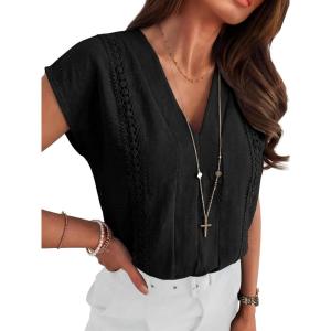imageANRABESS Women Dressy Tops Short Sleeve Casual Blouses V Neck Lace Trim Summer Boho Shirts 2026 Spring Trendy ClothesBlack