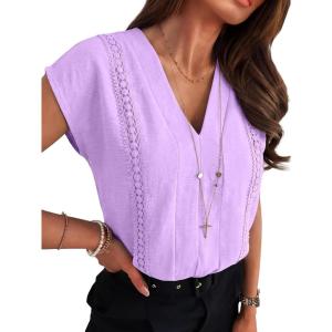 imageANRABESS Women Dressy Tops Short Sleeve Casual Blouses V Neck Lace Trim Summer Boho Shirts 2026 Spring Trendy ClothesLight Purple