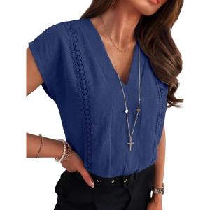 imageANRABESS Women Dressy Tops Short Sleeve Casual Blouses V Neck Lace Trim Summer Boho Shirts 2026 Spring Trendy ClothesNavy Blue