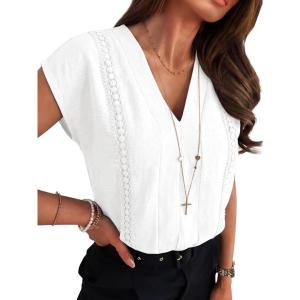 imageANRABESS Women Dressy Tops Short Sleeve Casual Blouses V Neck Lace Trim Summer Boho Shirts 2026 Spring Trendy ClothesWhite