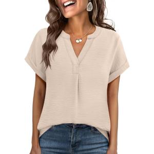 imageANRABESS Women Short Sleeve Henley Top V Neck Dressy Business Casual Work Blouses Summer Shirts 2026 Vacation Fashion ClothesBeige