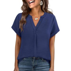 imageANRABESS Women Short Sleeve Henley Top V Neck Dressy Business Casual Work Blouses Summer Shirts 2026 Vacation Fashion ClothesDeep Blue