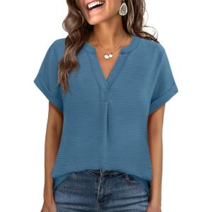 imageANRABESS Women Short Sleeve Henley Top V Neck Dressy Business Casual Work Blouses Summer Shirts 2026 Vacation Fashion ClothesLake Blue