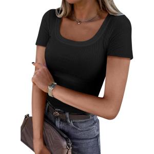 imageANRABESS Women Short Sleeve Tops Scoop Neck Ribbed Knit Slim Fitted Basic Tee Shirt Casual Summer Clothes 2026 Spring OutfitsBlack