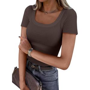 imageANRABESS Women Short Sleeve Tops Scoop Neck Ribbed Knit Slim Fitted Basic Tee Shirt Casual Summer Clothes 2026 Spring OutfitsBrown