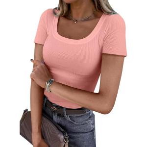 imageANRABESS Women Short Sleeve Tops Scoop Neck Ribbed Knit Slim Fitted Basic Tee Shirt Casual Summer Clothes 2026 Spring OutfitsCoral