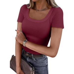 imageANRABESS Women Short Sleeve Tops Scoop Neck Ribbed Knit Slim Fitted Basic Tee Shirt Casual Summer Clothes 2026 Spring OutfitsDeep Red