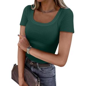 imageANRABESS Women Short Sleeve Tops Scoop Neck Ribbed Knit Slim Fitted Basic Tee Shirt Casual Summer Clothes 2026 Spring OutfitsForest Green