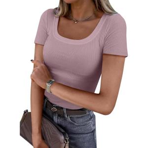 imageANRABESS Women Short Sleeve Tops Scoop Neck Ribbed Knit Slim Fitted Basic Tee Shirt Casual Summer Clothes 2026 Spring OutfitsGrey Pink