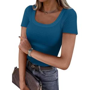 imageANRABESS Women Short Sleeve Tops Scoop Neck Ribbed Knit Slim Fitted Basic Tee Shirt Casual Summer Clothes 2026 Spring OutfitsIndigo