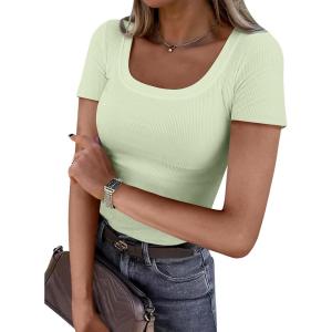 imageANRABESS Women Short Sleeve Tops Scoop Neck Ribbed Knit Slim Fitted Basic Tee Shirt Casual Summer Clothes 2026 Spring OutfitsLight Green