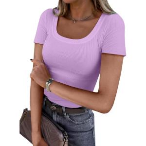 imageANRABESS Women Short Sleeve Tops Scoop Neck Ribbed Knit Slim Fitted Basic Tee Shirt Casual Summer Clothes 2026 Spring OutfitsLight Purple