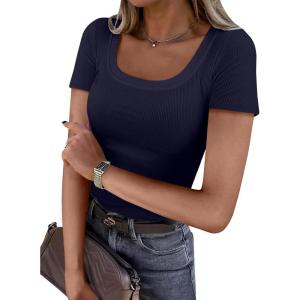 imageANRABESS Women Short Sleeve Tops Scoop Neck Ribbed Knit Slim Fitted Basic Tee Shirt Casual Summer Clothes 2026 Spring OutfitsNavy Blue