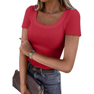 imageANRABESS Women Short Sleeve Tops Scoop Neck Ribbed Knit Slim Fitted Basic Tee Shirt Casual Summer Clothes 2026 Spring OutfitsRed