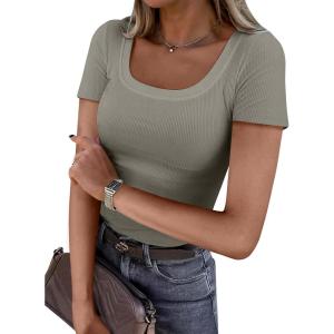 imageANRABESS Women Short Sleeve Tops Scoop Neck Ribbed Knit Slim Fitted Basic Tee Shirt Casual Summer Clothes 2026 Spring OutfitsSage Green