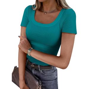 imageANRABESS Women Short Sleeve Tops Scoop Neck Ribbed Knit Slim Fitted Basic Tee Shirt Casual Summer Clothes 2026 Spring OutfitsTeal