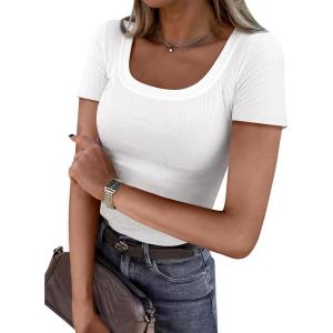 imageANRABESS Women Short Sleeve Tops Scoop Neck Ribbed Knit Slim Fitted Basic Tee Shirt Casual Summer Clothes 2026 Spring OutfitsWhite