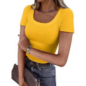 imageANRABESS Women Short Sleeve Tops Scoop Neck Ribbed Knit Slim Fitted Basic Tee Shirt Casual Summer Clothes 2026 Spring OutfitsYellow