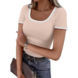 imageANRABESS Women Short Sleeve Tops Square Neck Ribbed Knit Color Block T Shirts Fitted Casual Summer 2026 Trendy Basic TeesApricot