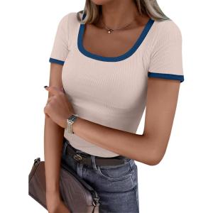 imageANRABESS Women Short Sleeve Tops Square Neck Ribbed Knit Color Block T Shirts Fitted Casual Summer 2026 Trendy Basic TeesBeige