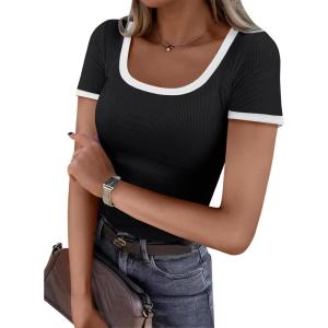 imageANRABESS Women Short Sleeve Tops Square Neck Ribbed Knit Color Block T Shirts Fitted Casual Summer 2026 Trendy Basic TeesBlack